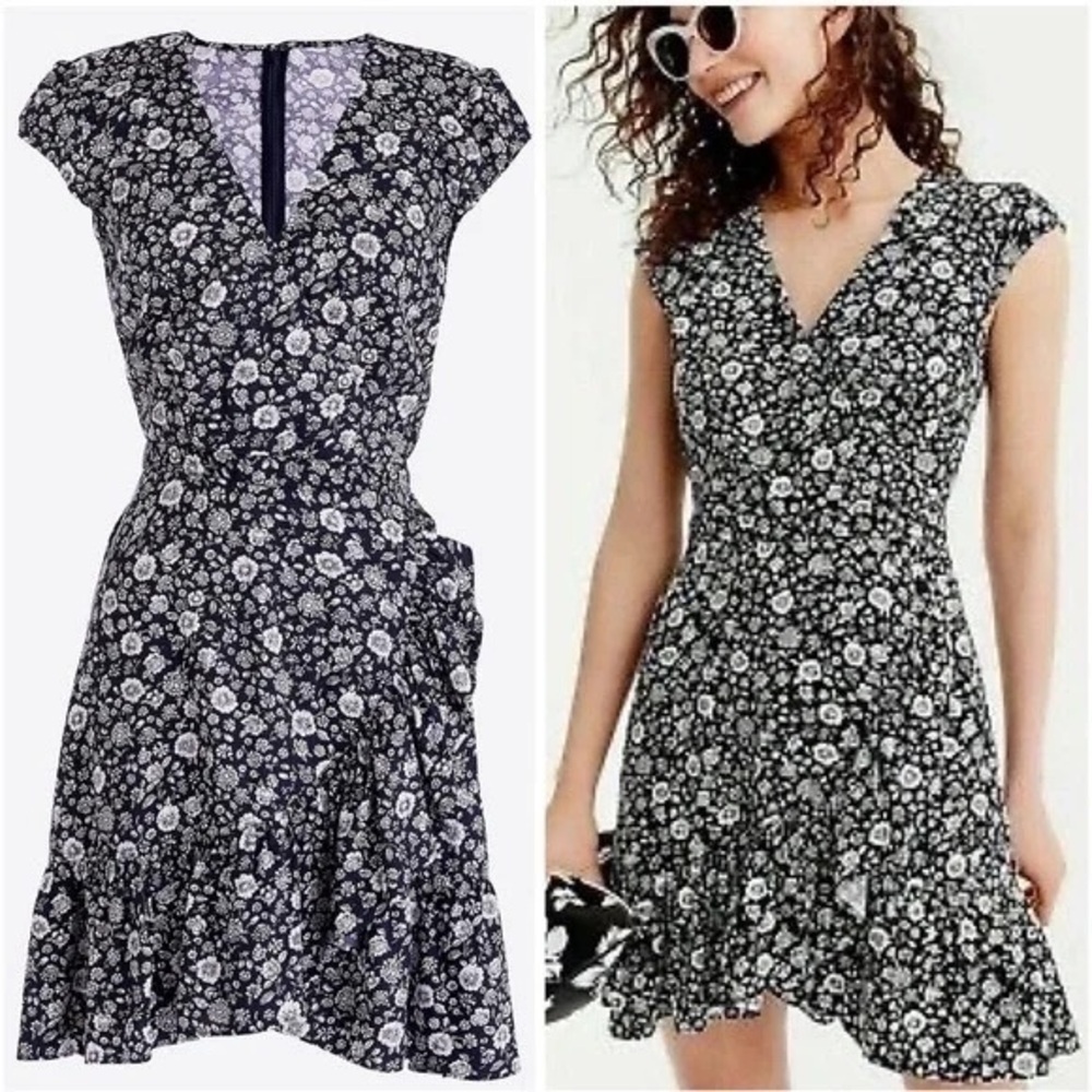 J Crew Mercantile Blue White Floral Ruffle Hem Mini Dress Size 2